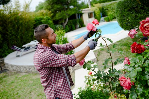 Front garden with tools and a gardener preparing a lawn in Sidcup