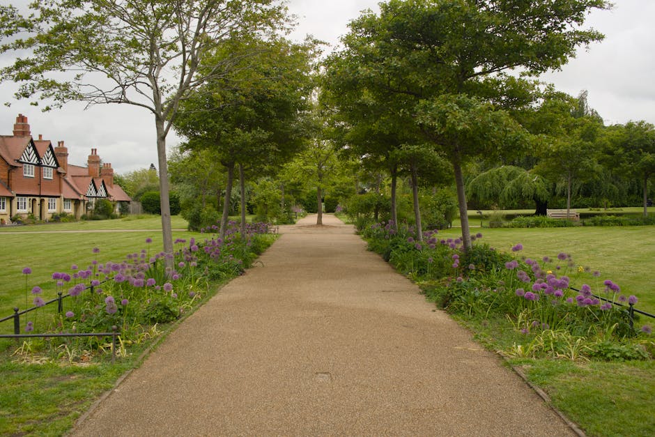 A serene garden scene featuring a narrow, gently winding stream bordered by lush green grass and leafy trees, including a prominent willow with drooping branches and bright green foliage. The garden i